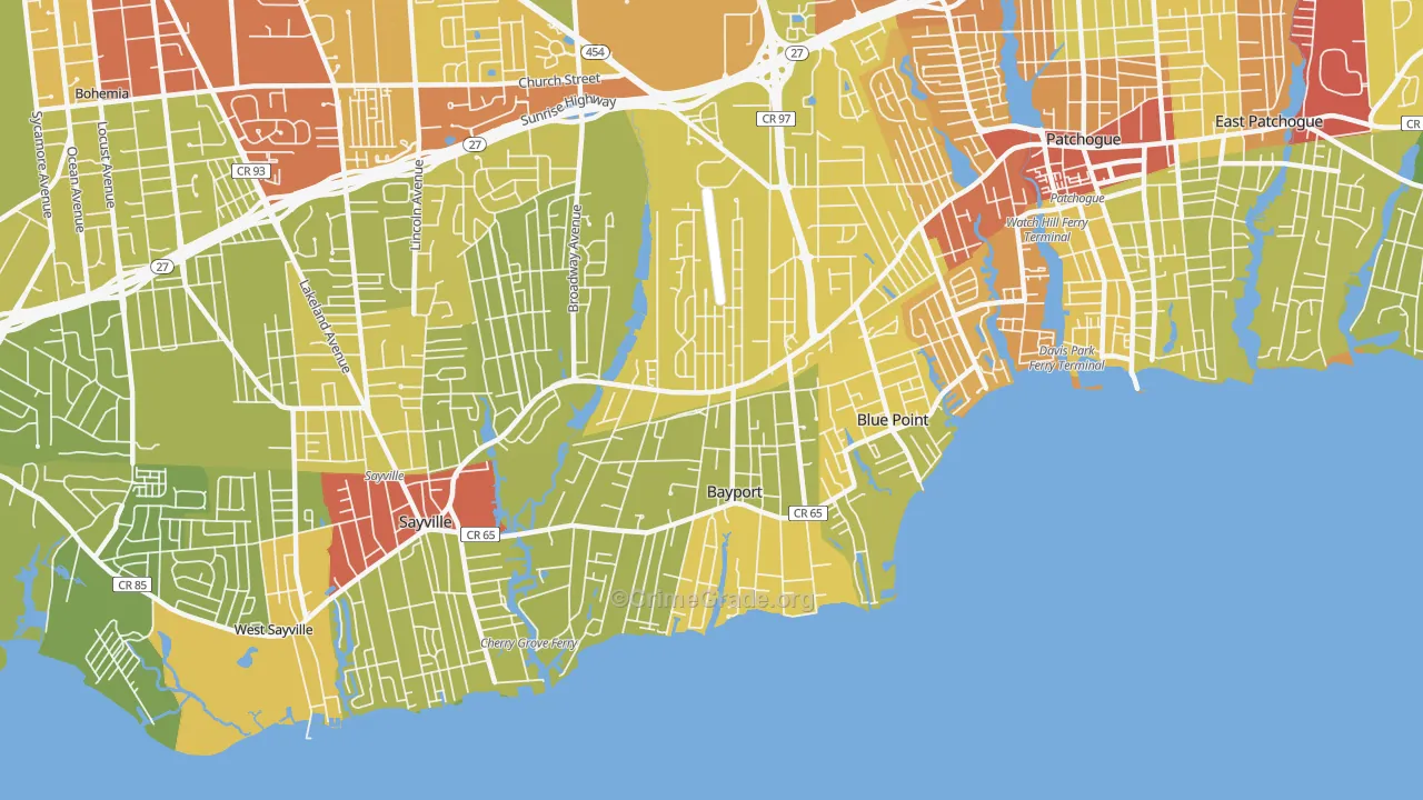 Bayport, NY Map of Vehicle Theft Rates