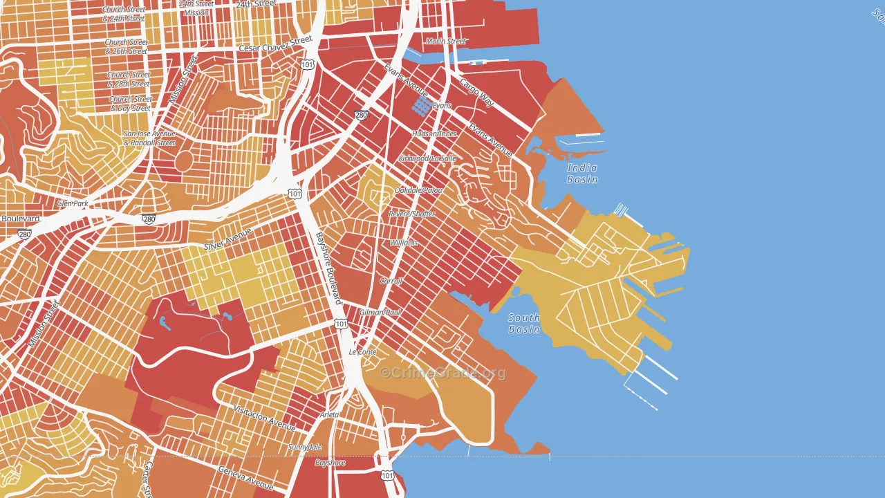 Bayview, San Francisco, CA Map of Vehicle Theft Rates