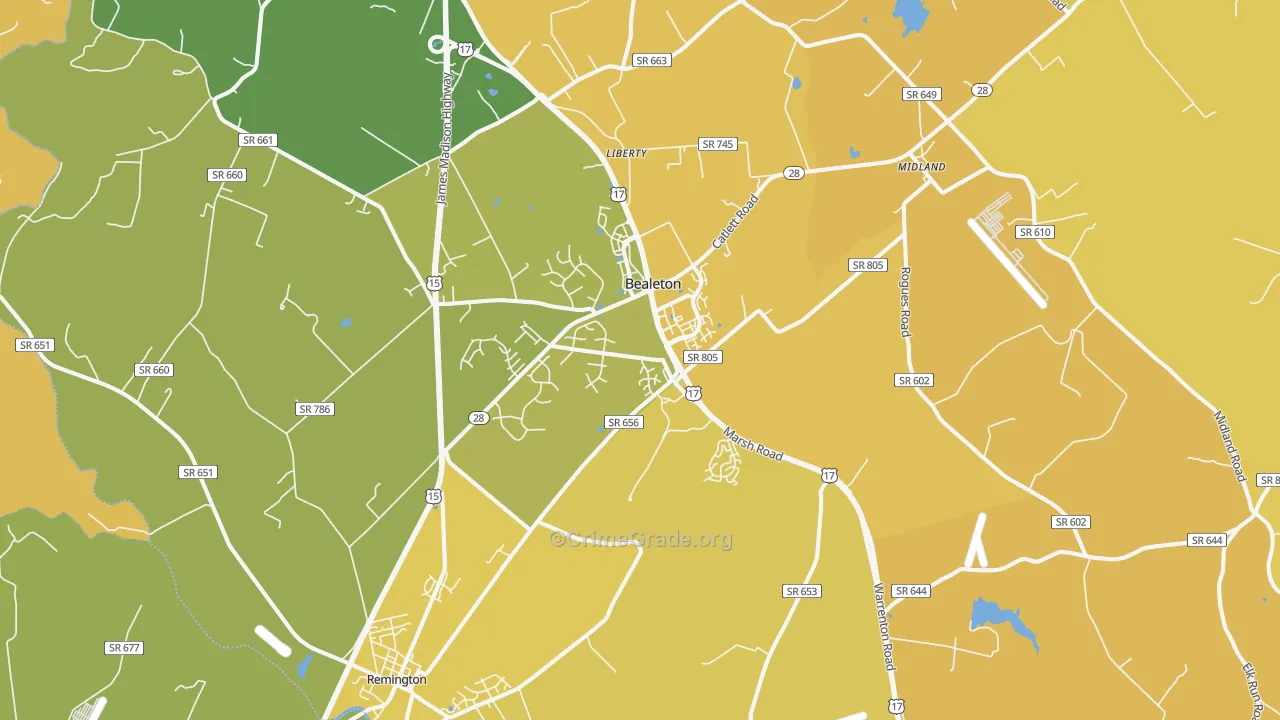 Bealeton, VA Map of Vehicle Theft Rates