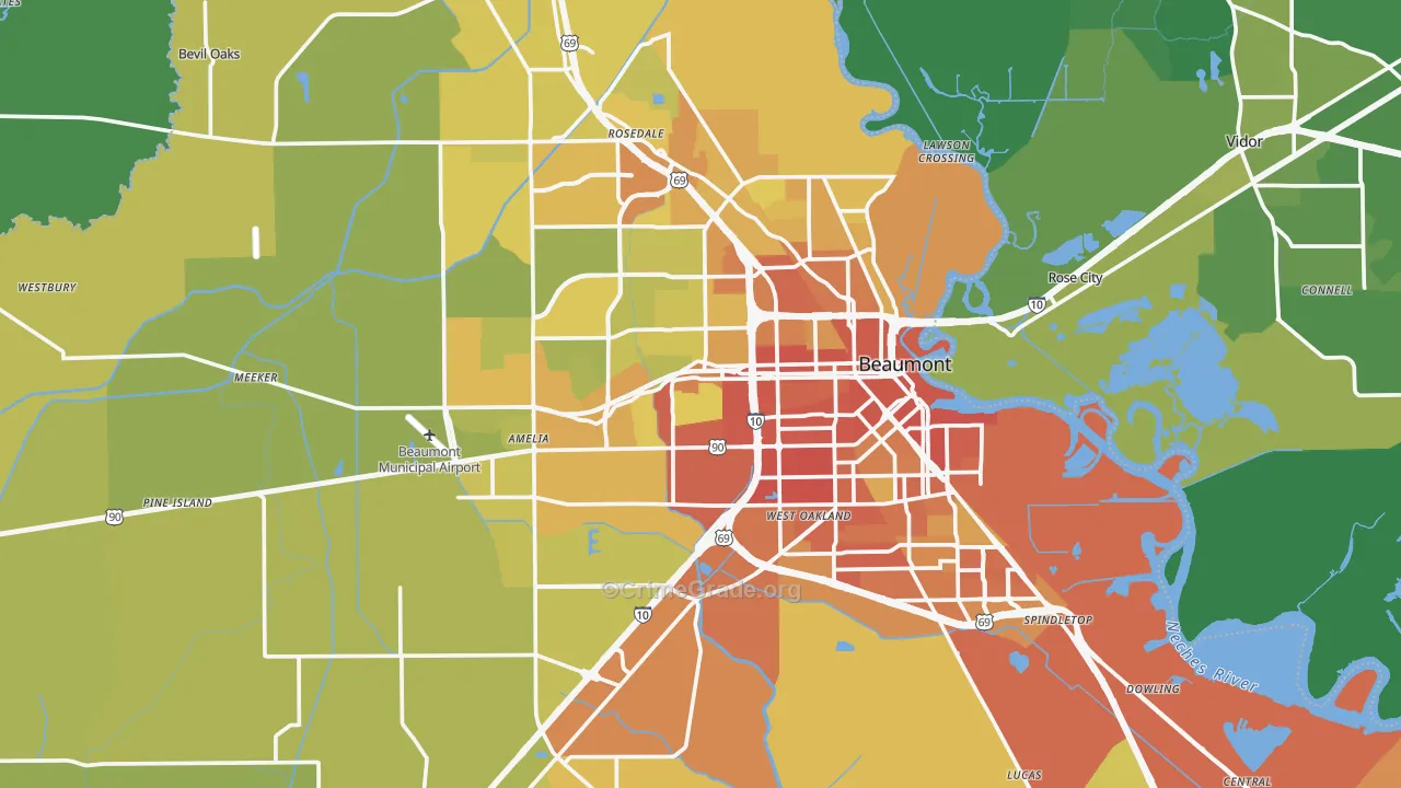 Beaumont, TX Map of Vehicle Theft Rates