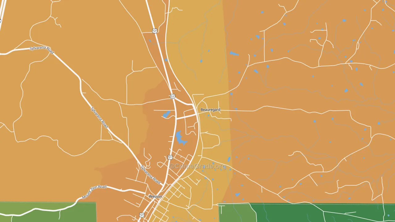 Beauregard, MS Map of Vehicle Theft Rates