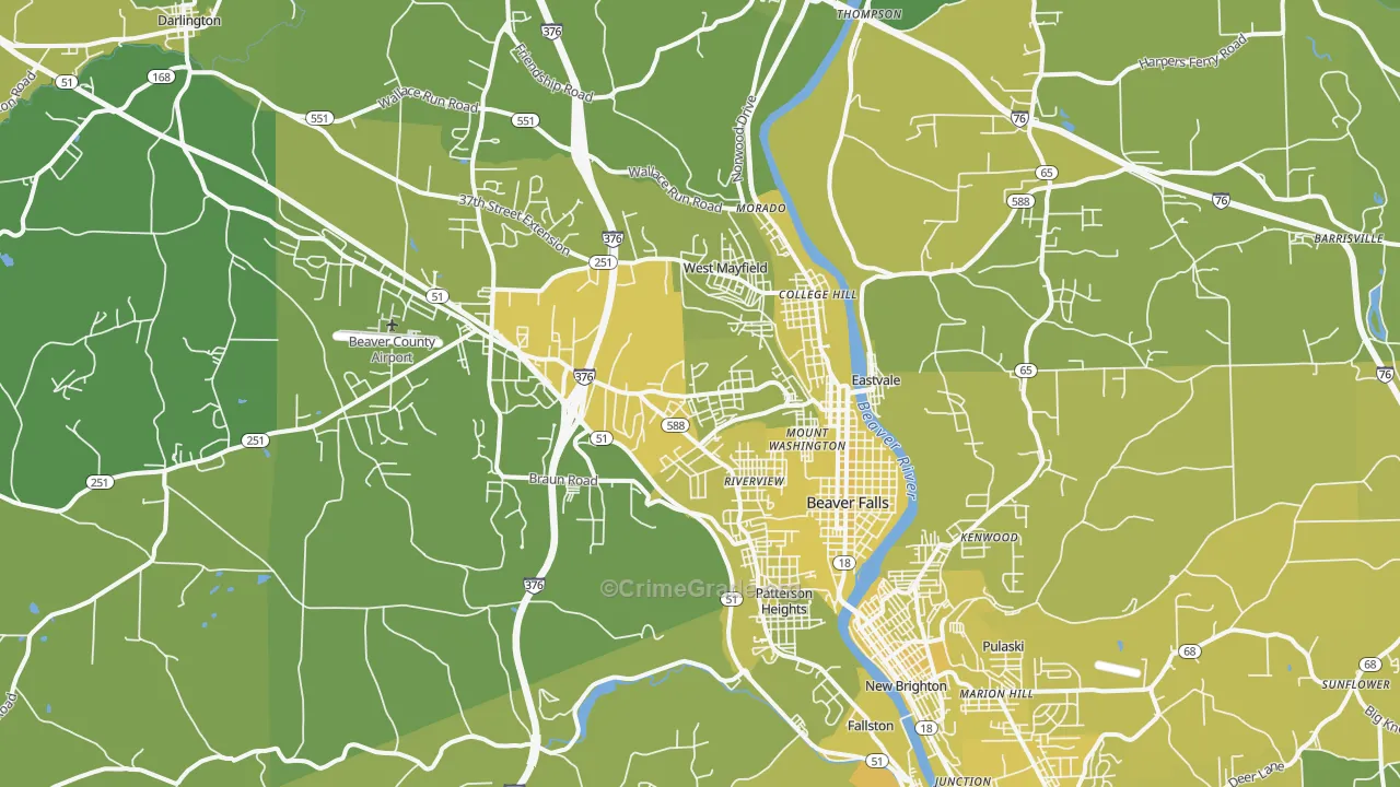 Beaver Falls, PA Map of Vehicle Theft Rates