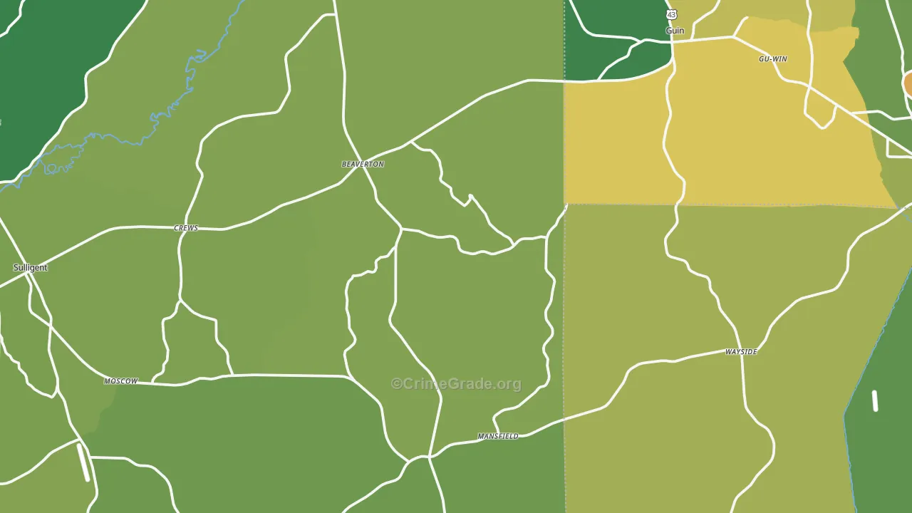 Beaverton, AL Map of Vehicle Theft Rates