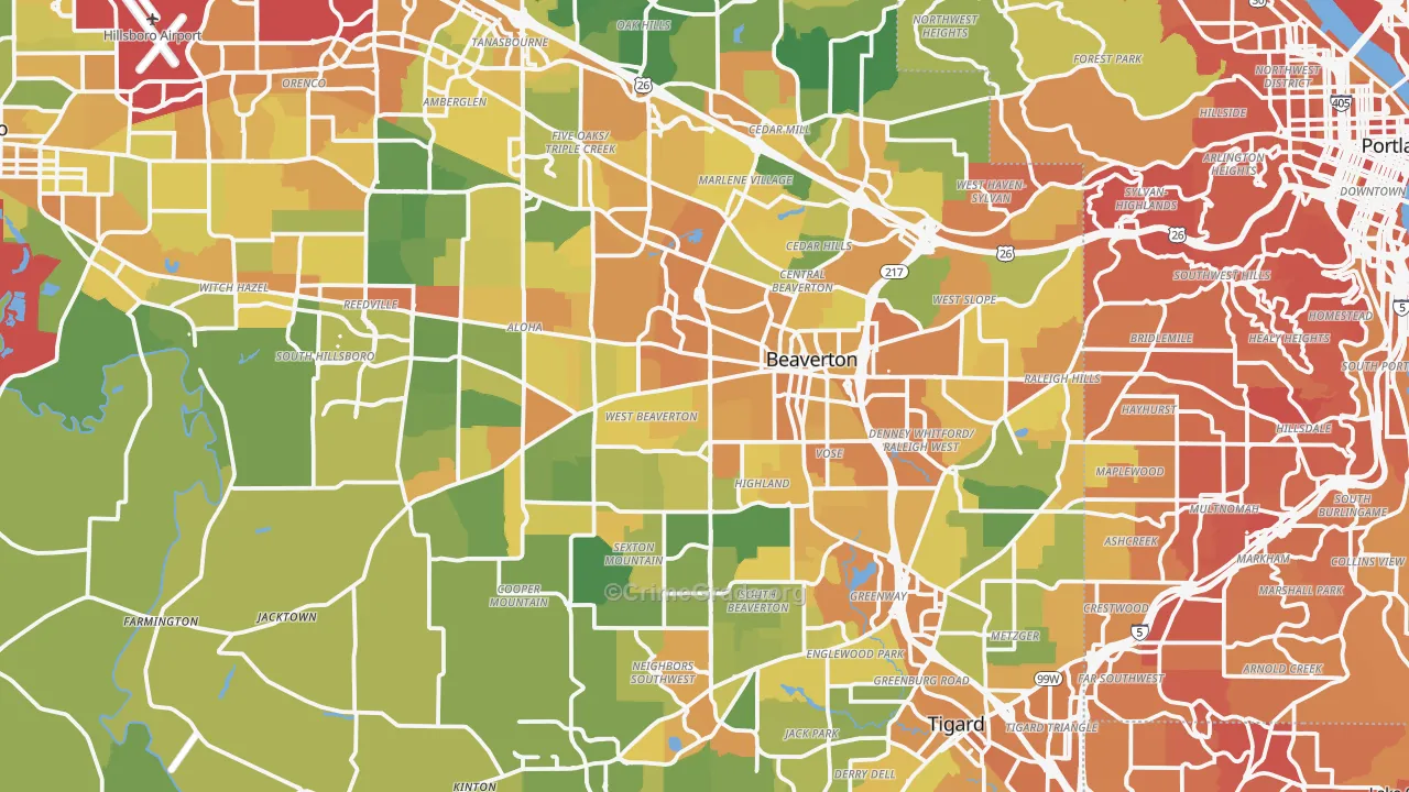 Beaverton, OR Map of Vehicle Theft Rates