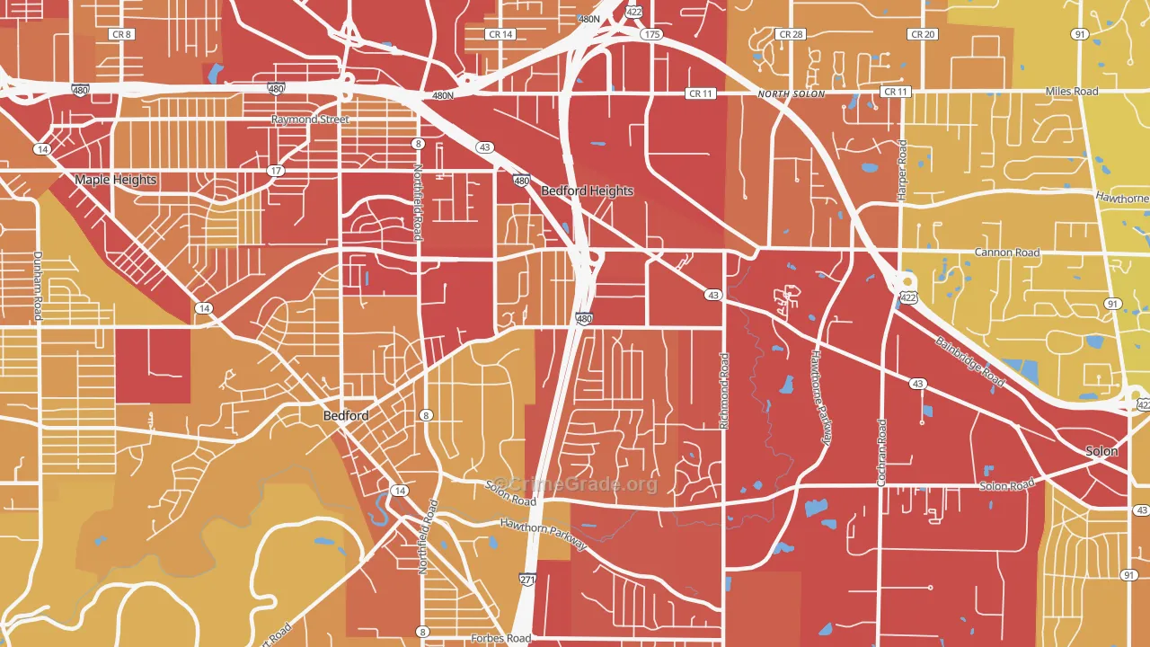 Bedford Heights, OH Map of Vehicle Theft Rates