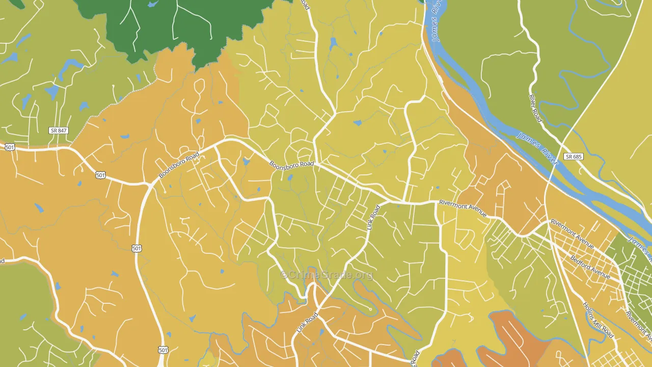 Bedford Hills, Lynchburg, VA Map of Vehicle Theft Rates
