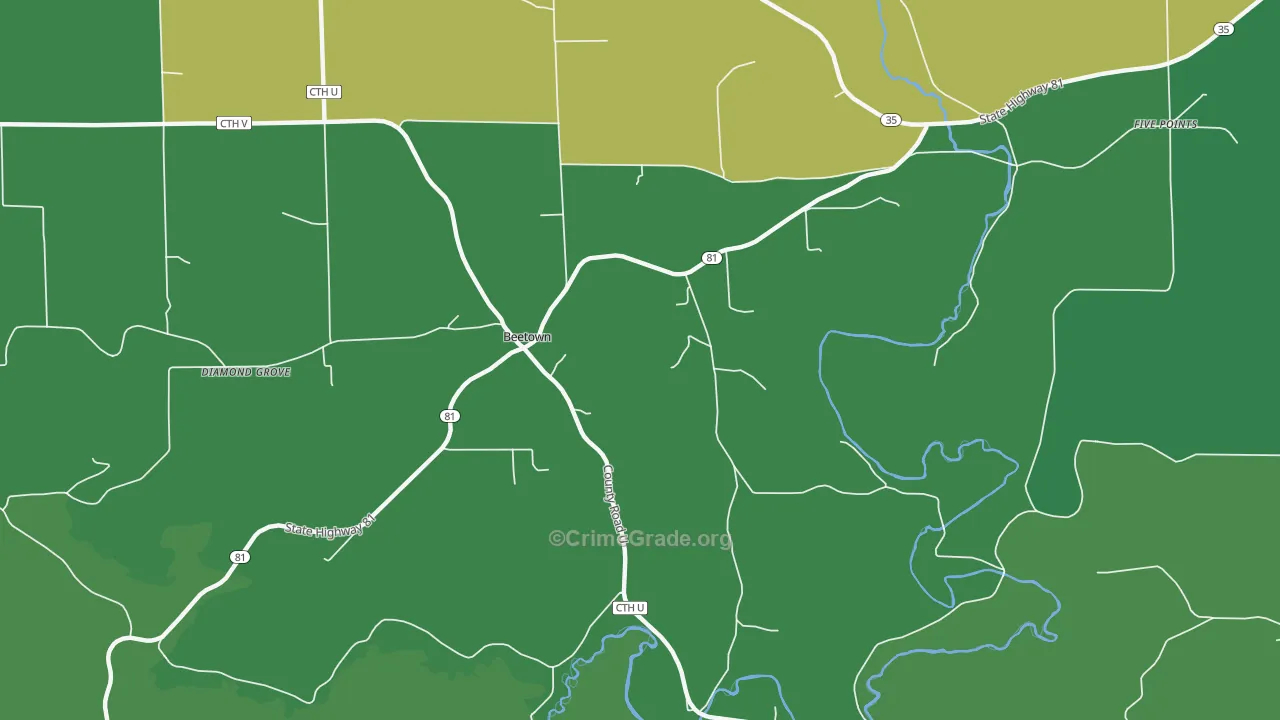 Beetown, WI Map of Vehicle Theft Rates