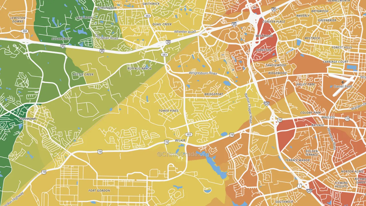 Belair, Augusta, GA Map of Vehicle Theft Rates