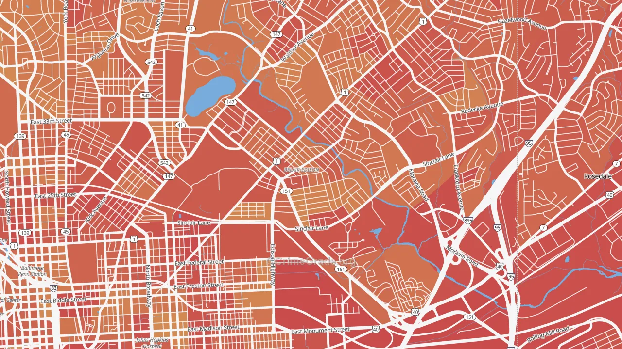 Belair-Edison, Baltimore, MD Map of Vehicle Theft Rates