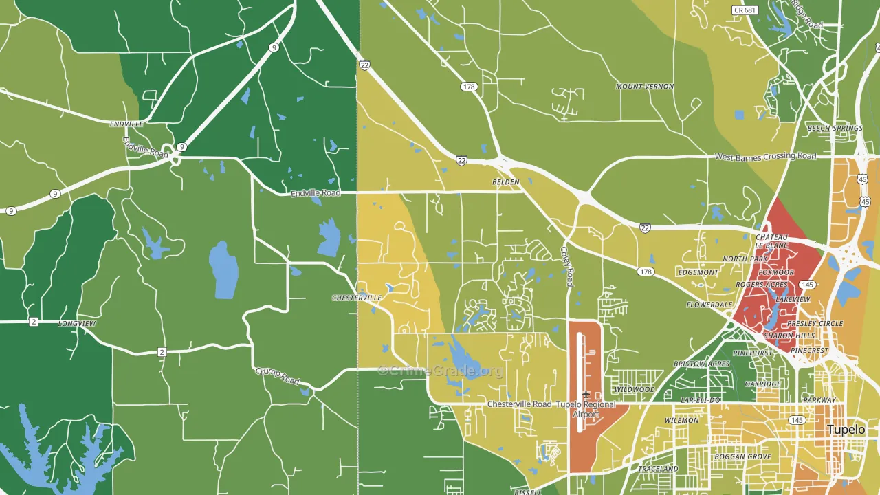 Belden, MS Map of Vehicle Theft Rates