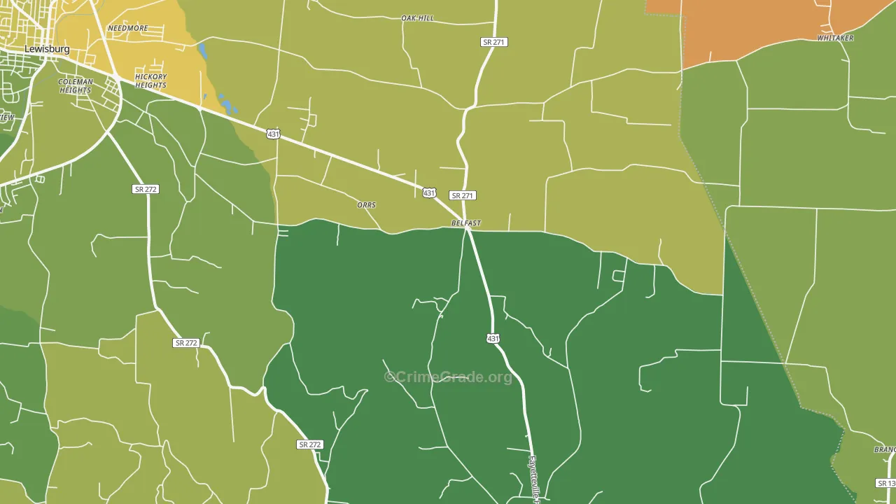 Belfast, TN Map of Vehicle Theft Rates
