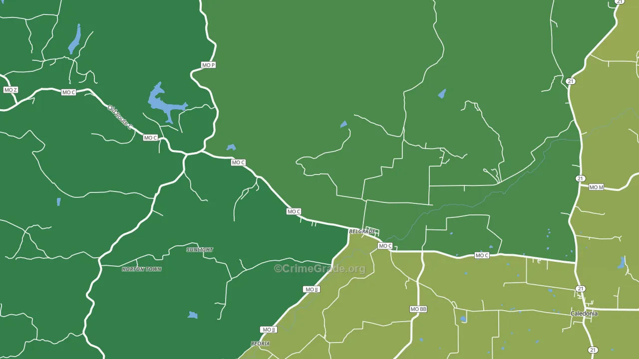 Belgrade, MO Map of Vehicle Theft Rates