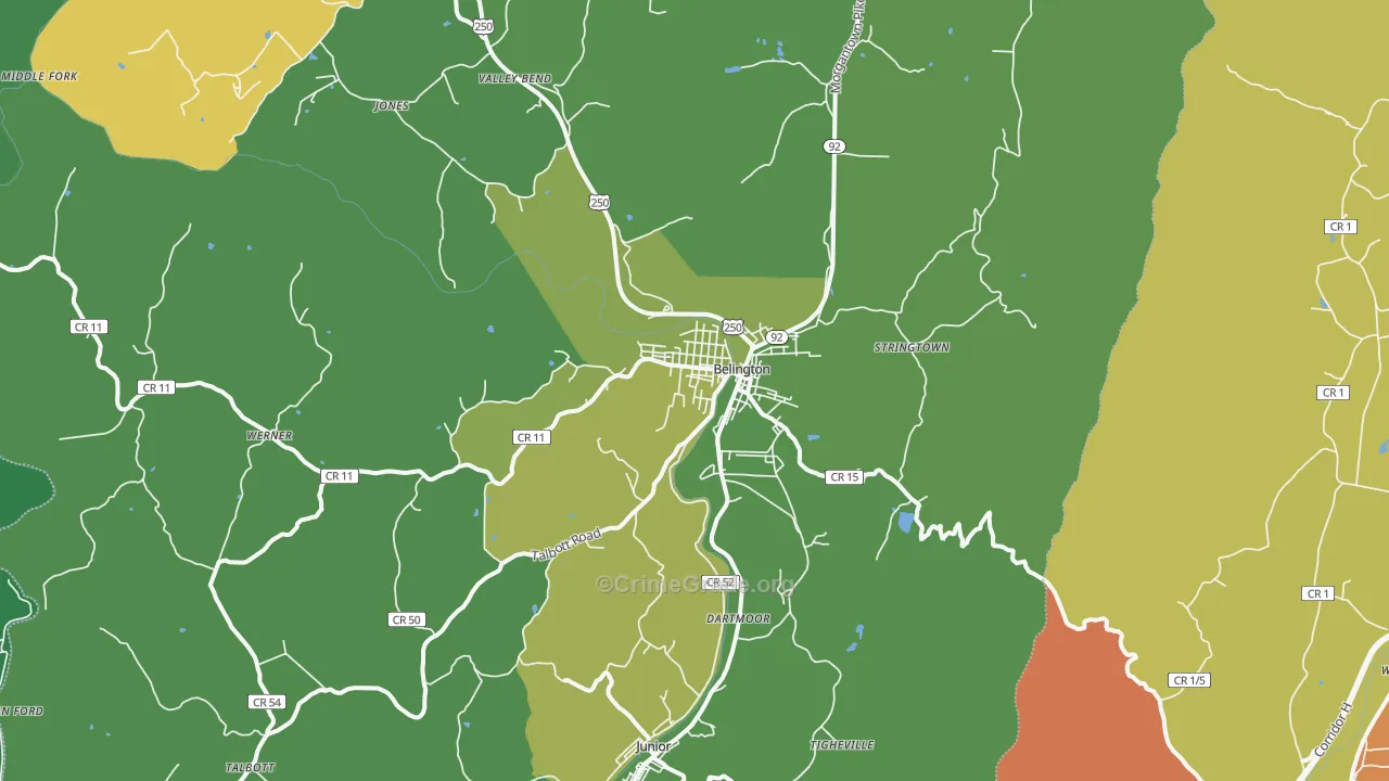 Belington, WV Map of Vehicle Theft Rates