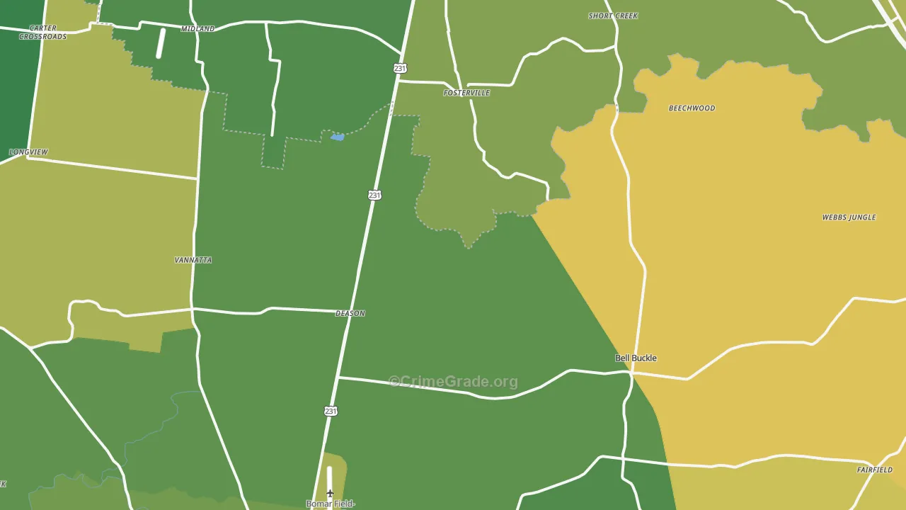 Bell Buckle, TN Map of Vehicle Theft Rates