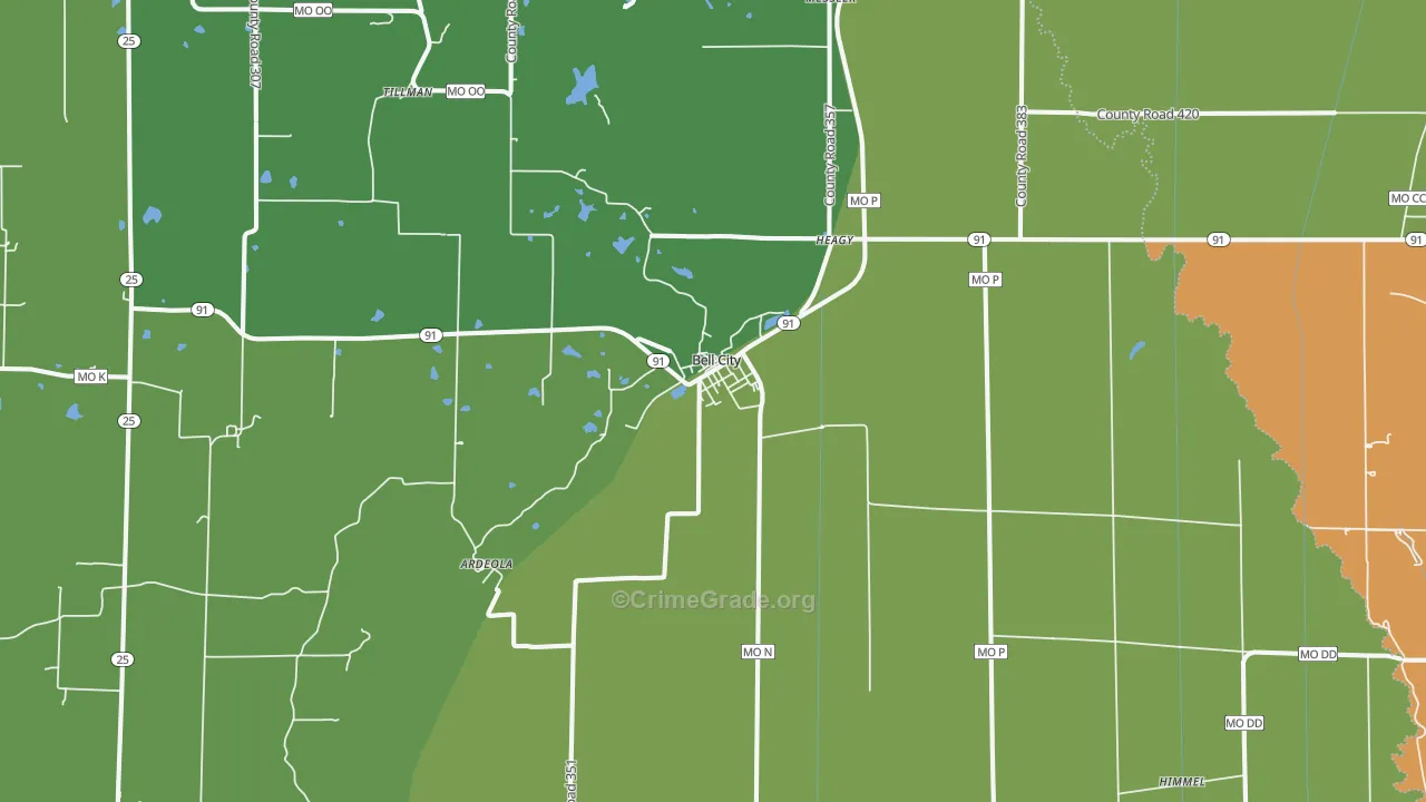 Bell City, MO Map of Vehicle Theft Rates