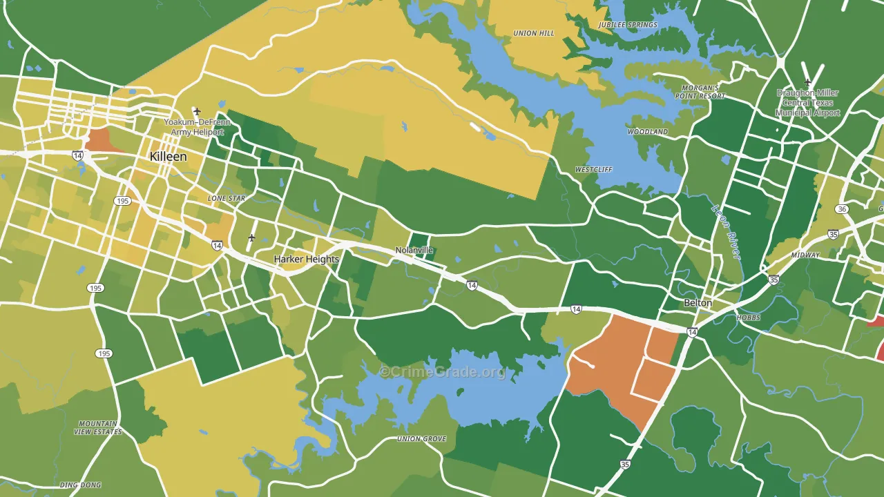Bell County, TX Map of Vehicle Theft Rates