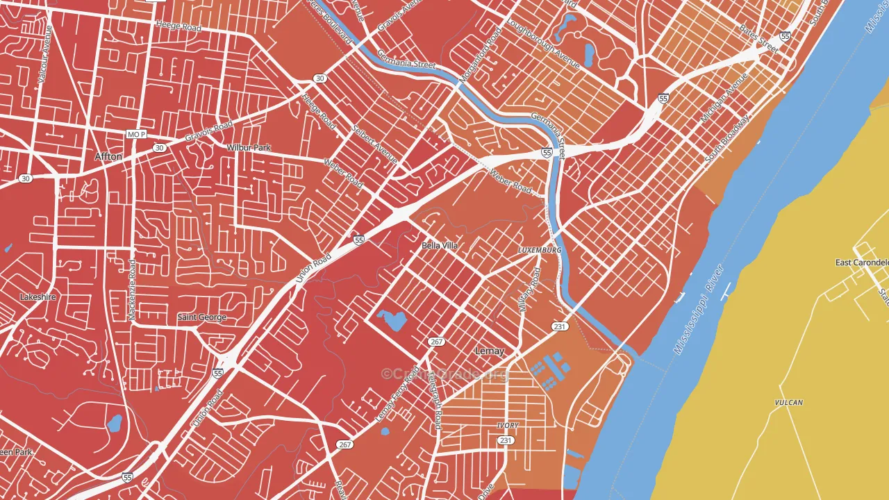 Bella Villa, MO Map of Vehicle Theft Rates