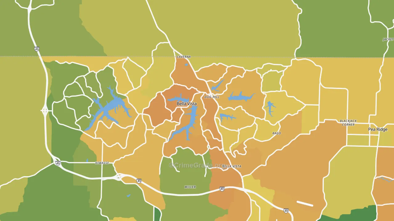Bella Vista, AR Map of Vehicle Theft Rates