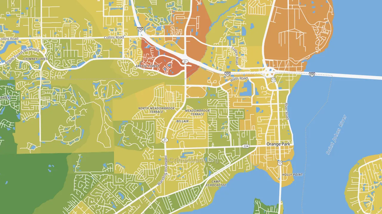 Bellair-Meadowbrook Terrace, FL Map of Vehicle Theft Rates