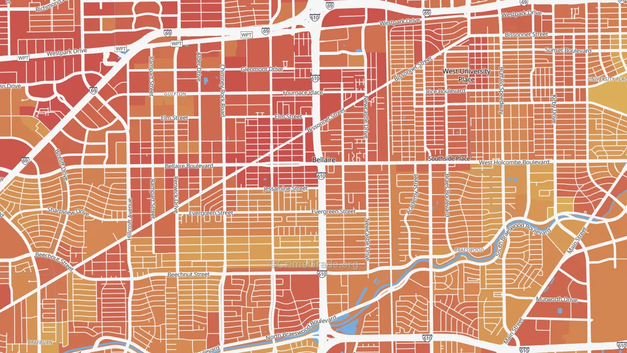 Bellaire, TX Map of Vehicle Theft Rates