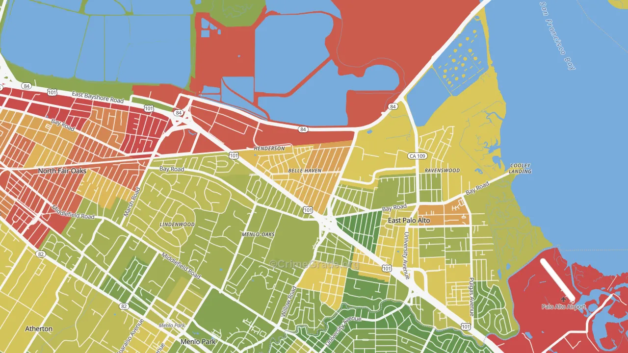 Belle Haven, Menlo Park, CA Map of Vehicle Theft Rates