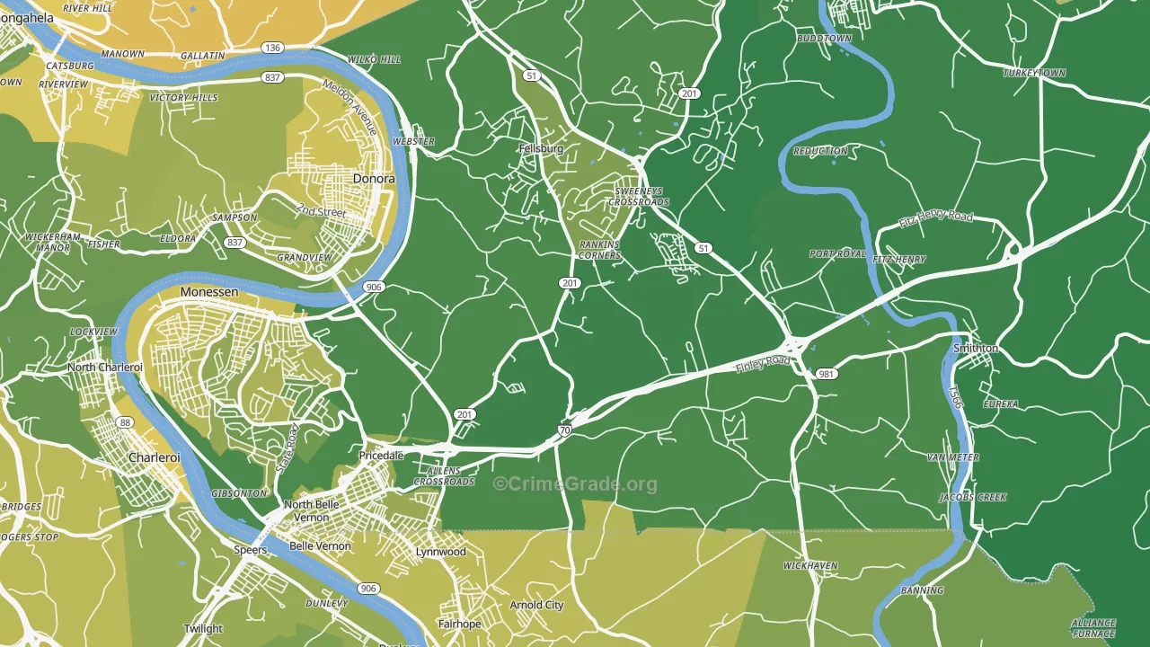 Belle Vernon, PA Map of Vehicle Theft Rates