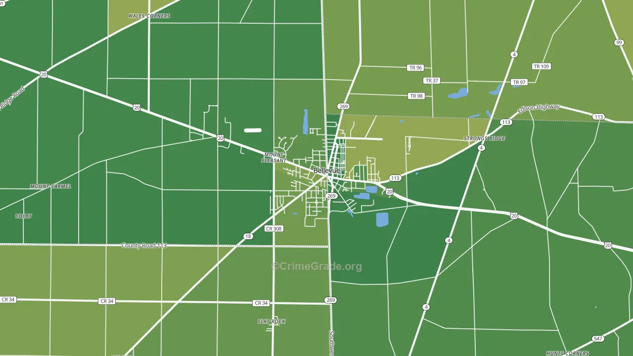 Bellevue, OH Map of Vehicle Theft Rates