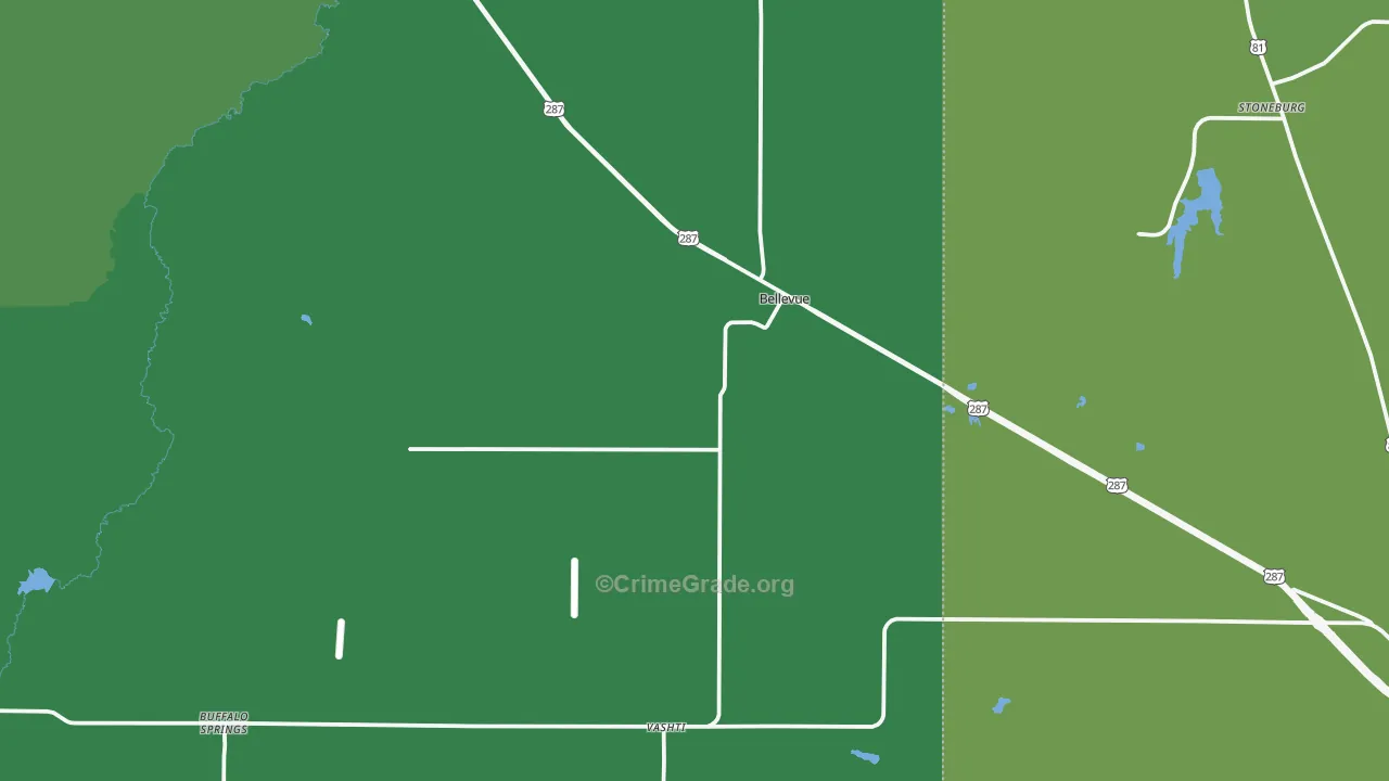 Bellevue, TX Map of Vehicle Theft Rates
