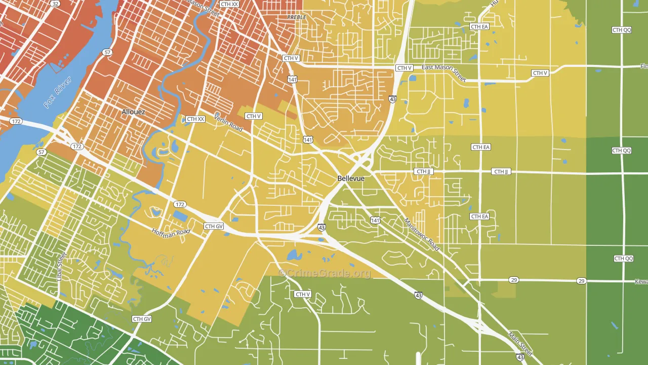Bellevue, WI Map of Vehicle Theft Rates