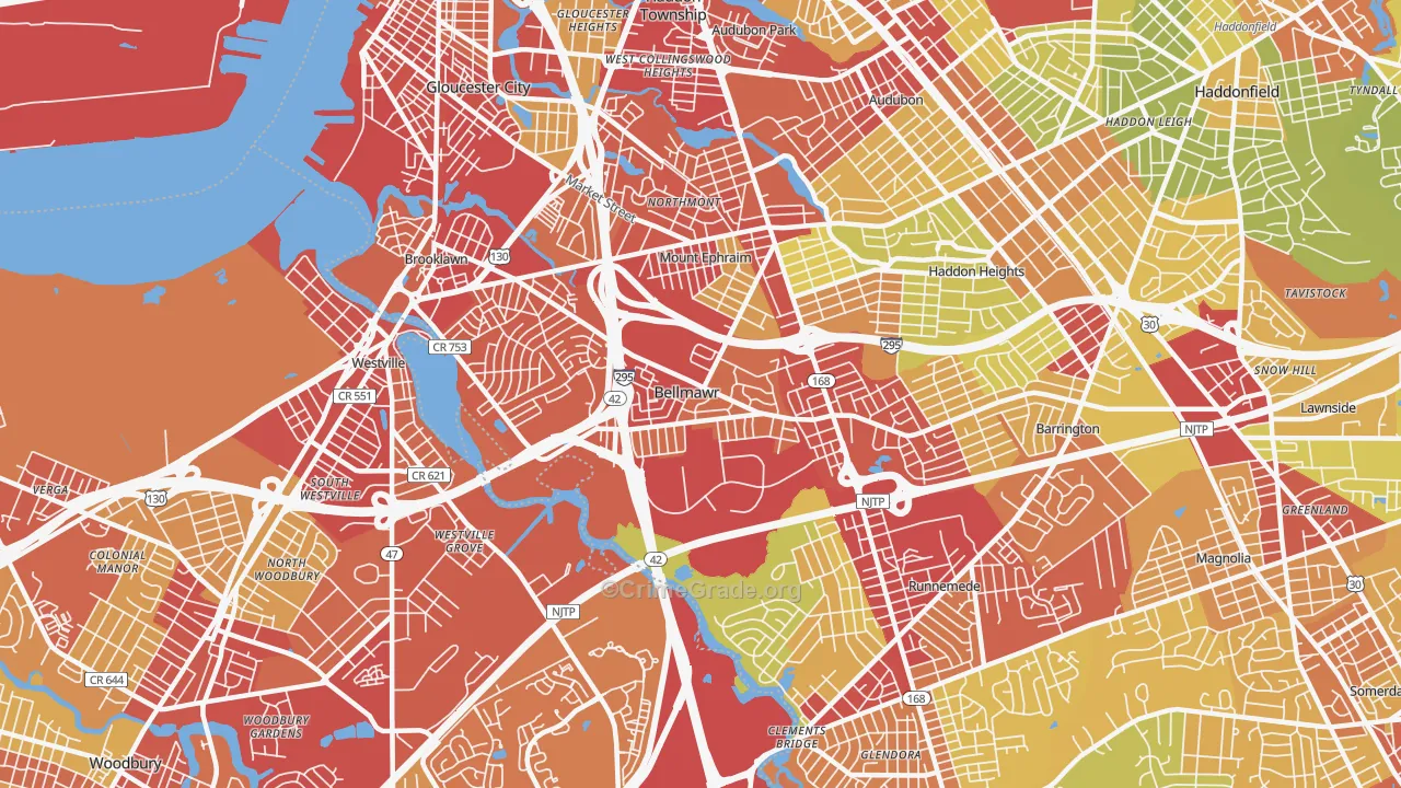 Bellmawr, NJ Map of Vehicle Theft Rates