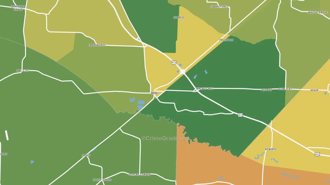 Bells, TN Map of Vehicle Theft Rates
