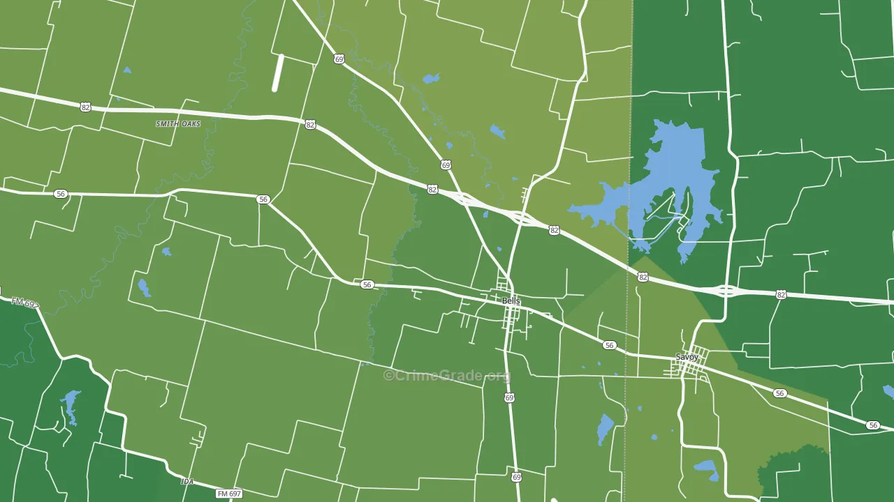 Bells, TX Map of Vehicle Theft Rates