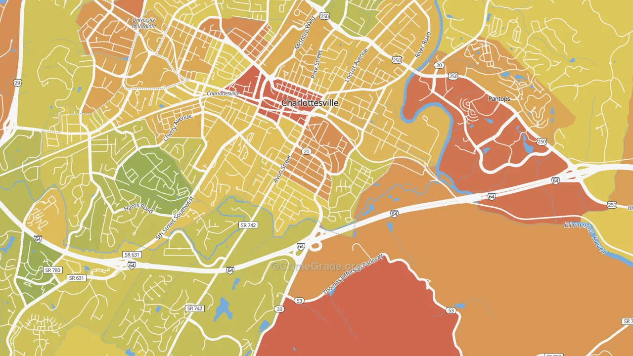 Belmont-Charlottesville, Charlottesville, VA Map of Vehicle Theft Rates