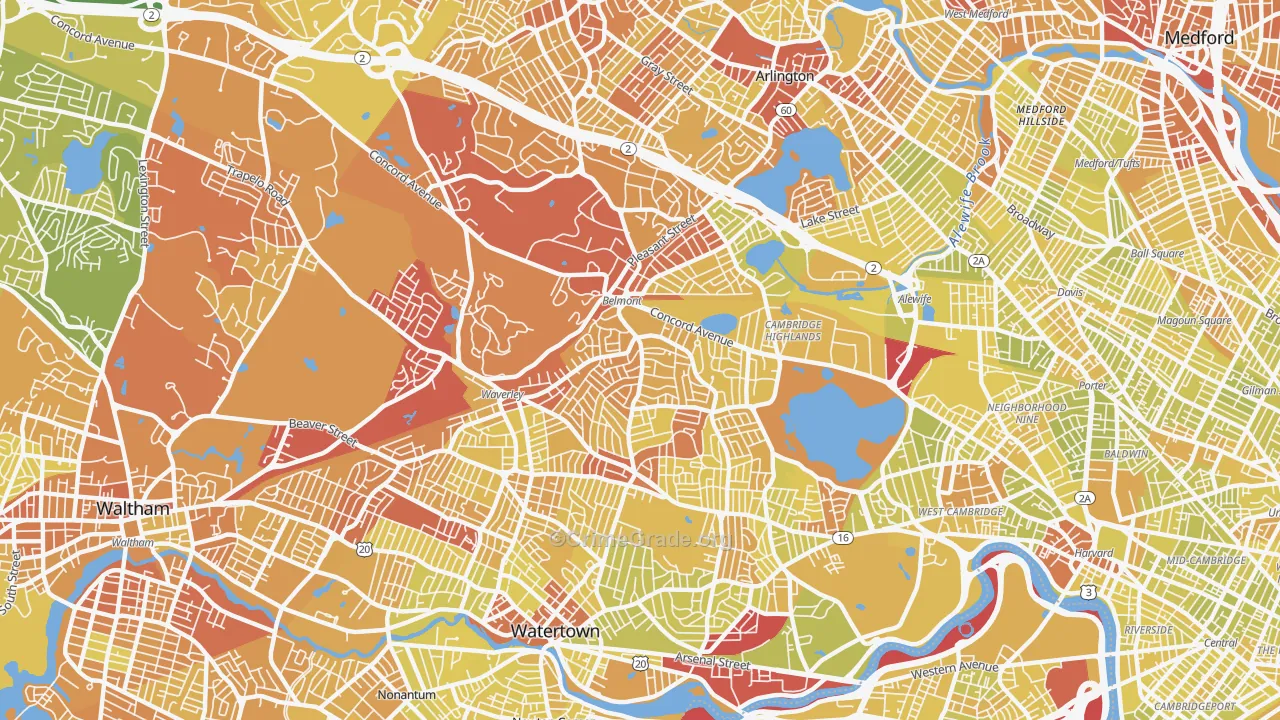Belmont, MA Map of Vehicle Theft Rates