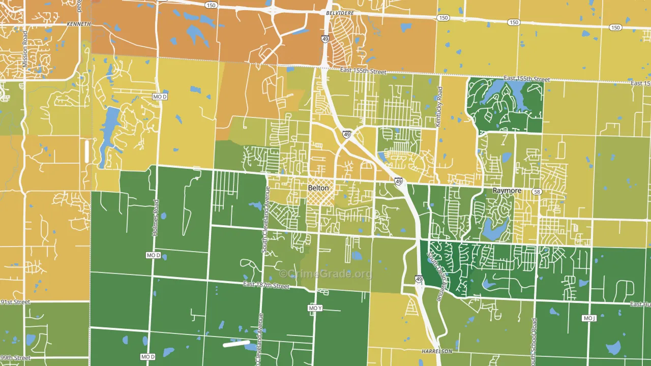 Belton, MO Map of Vehicle Theft Rates