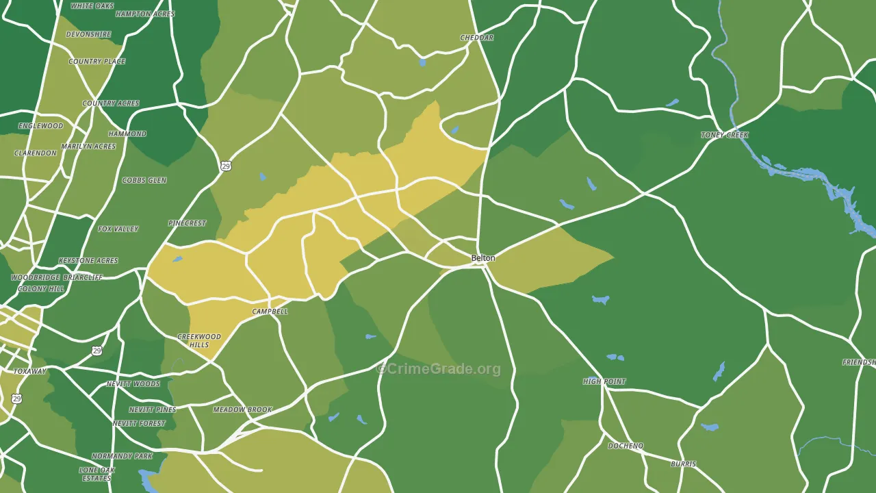 Belton, SC Map of Vehicle Theft Rates