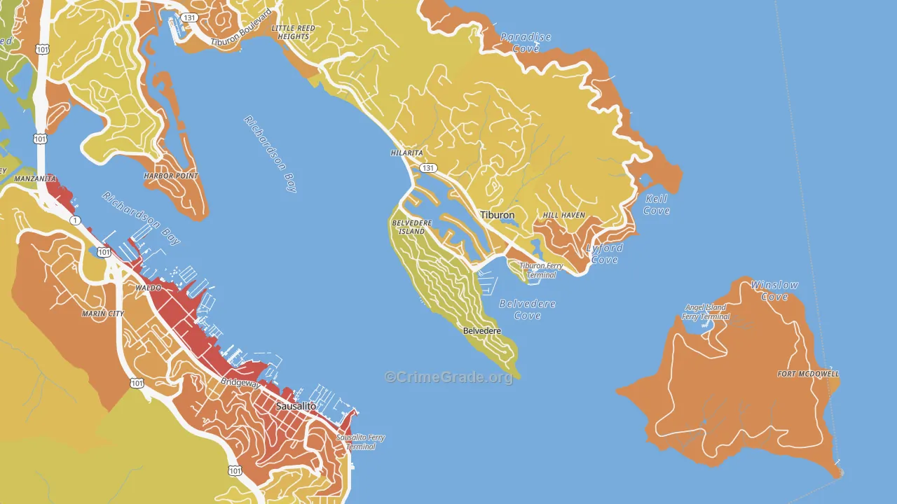 Belvedere, CA Map of Vehicle Theft Rates