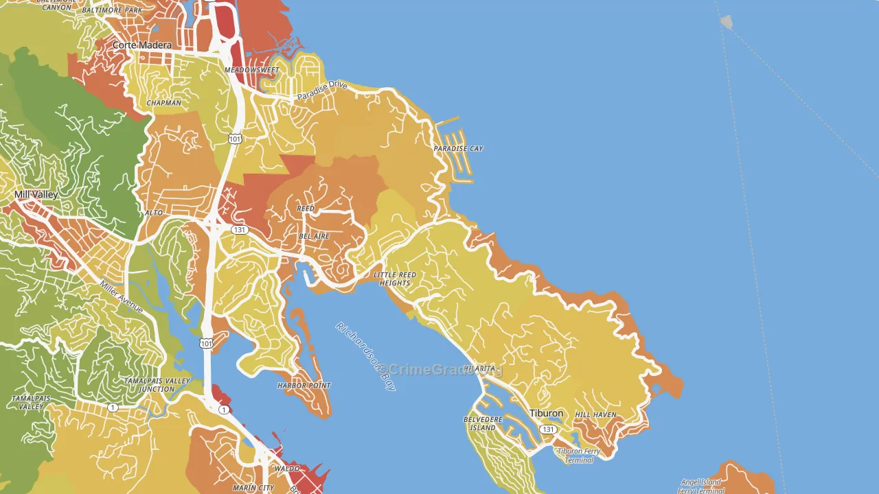 Belvedere-Tiburon, CA Map of Vehicle Theft Rates