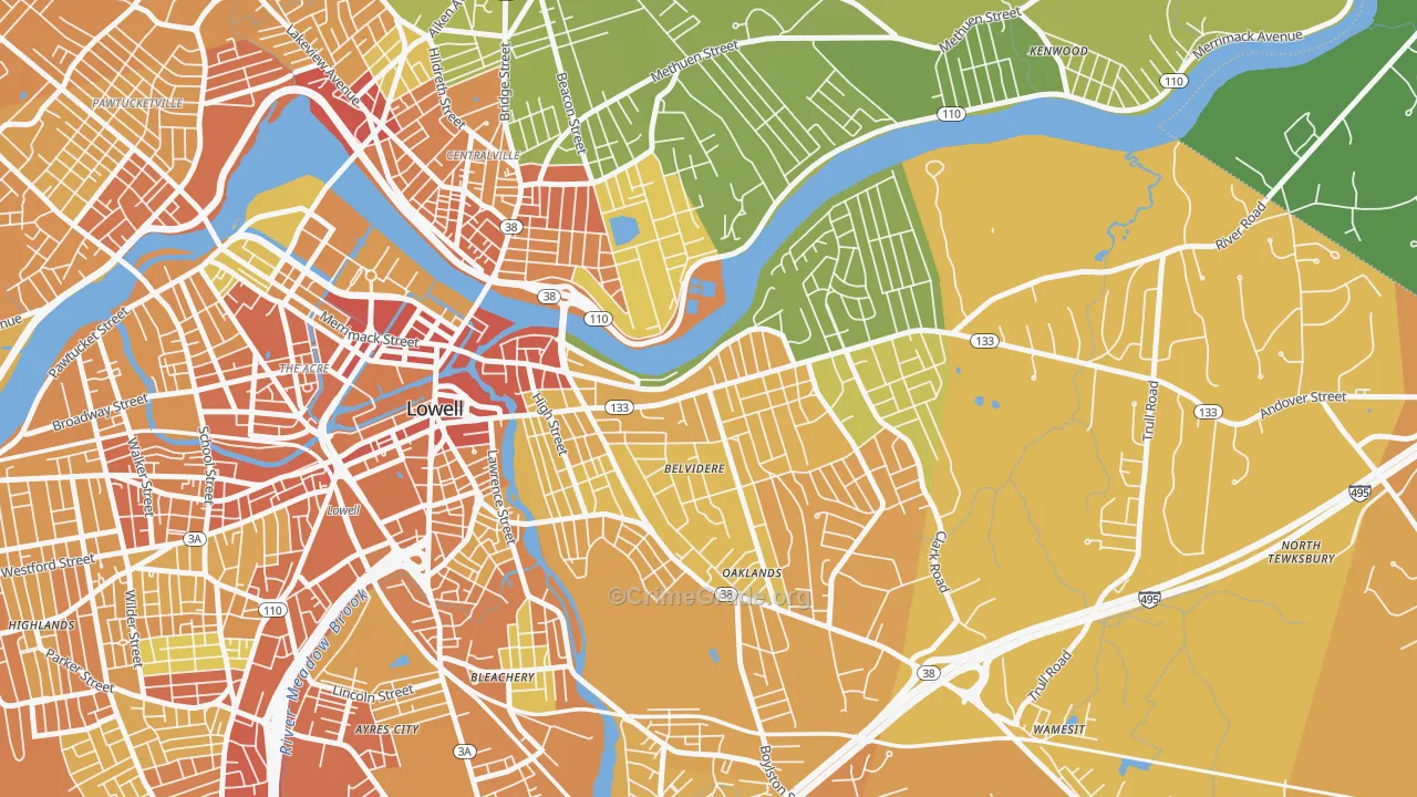 Belvidere, Lowell, MA Map of Vehicle Theft Rates