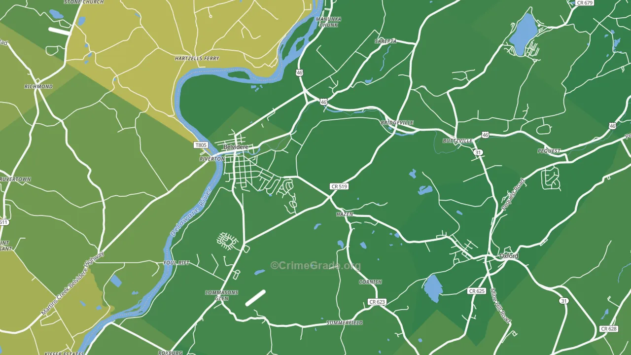 Belvidere, NJ Map of Vehicle Theft Rates