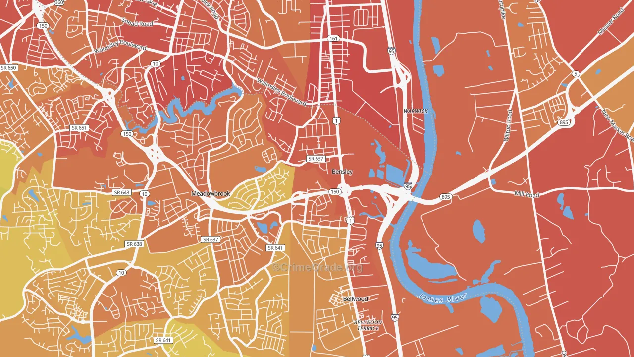 Bensley, VA Map of Vehicle Theft Rates