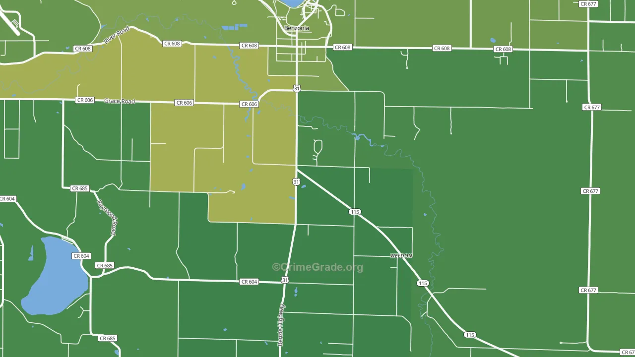 Benzonia, MI Map of Vehicle Theft Rates