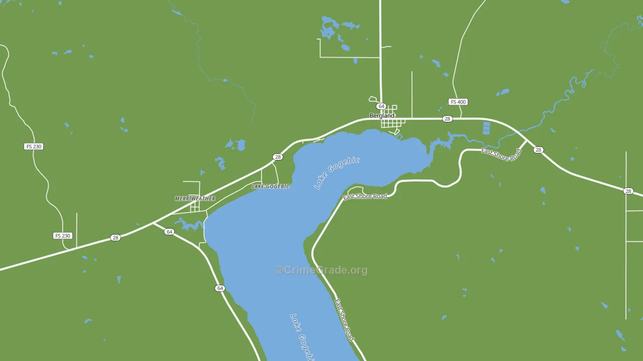Bergland, MI Map of Vehicle Theft Rates