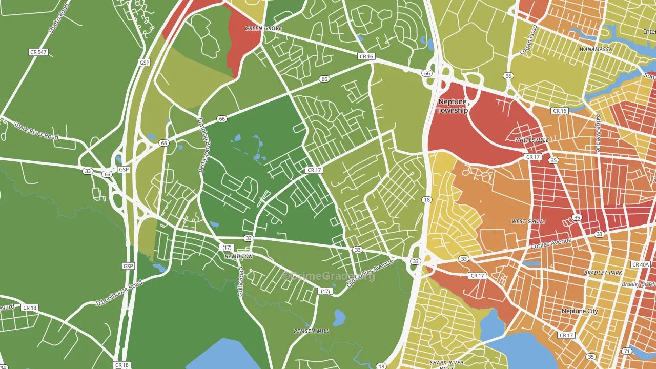Berkley Estates, Neptune, NJ Map of Vehicle Theft Rates