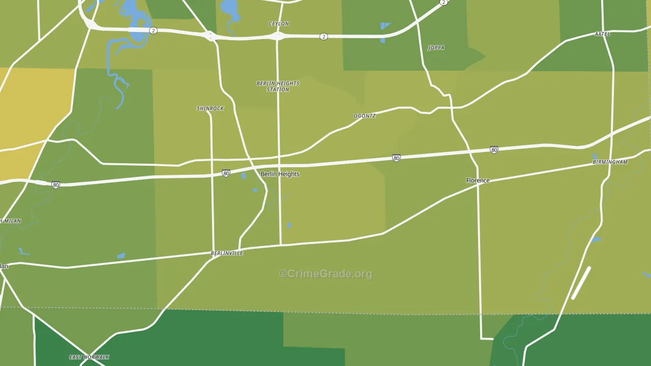 Berlin Heights, OH Map of Vehicle Theft Rates