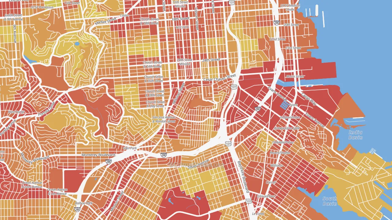 Bernal Heights, San Francisco, CA Map of Vehicle Theft Rates