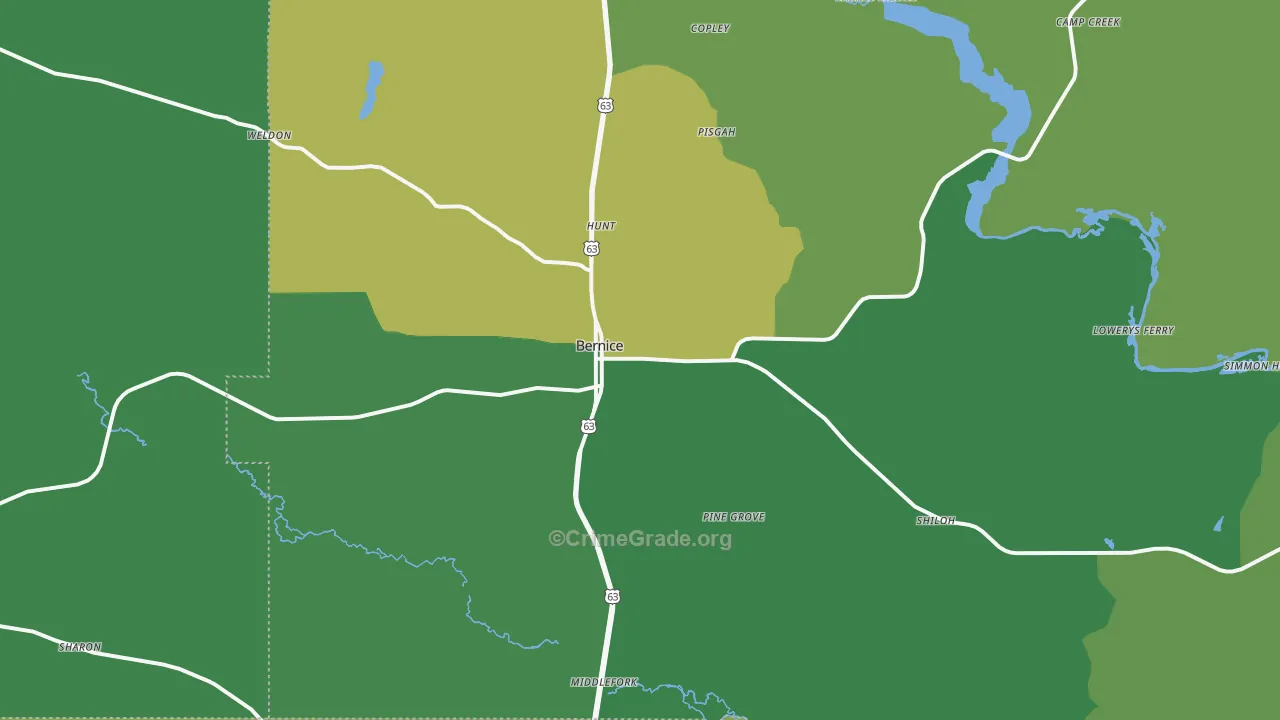 Bernice, LA Map of Vehicle Theft Rates