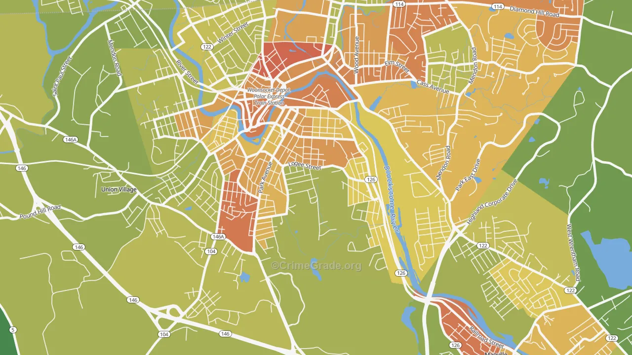 Bernon Heights, Woonsocket, RI Map of Vehicle Theft Rates
