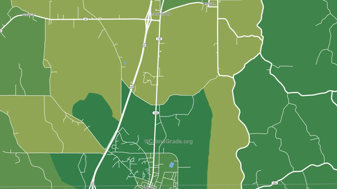 Bethany, MS Map of Vehicle Theft Rates