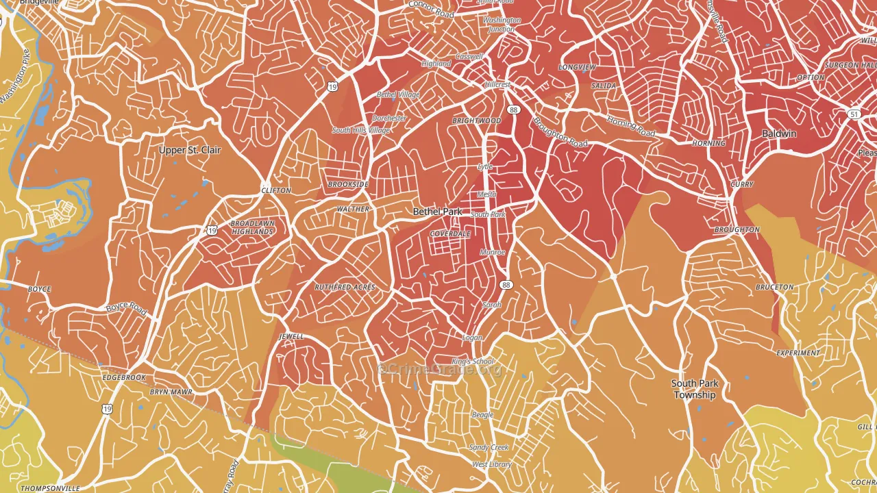 Bethel Park, PA Map of Vehicle Theft Rates